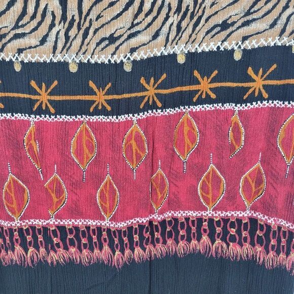 Vintage 80s Sherri Martin Crinkle Rayon Pencil Maxi Dress M Brown Red Animal - Picture 3 of 10